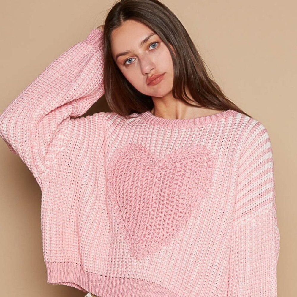 POL Round Neck Heart Patch Zipper Point Sleeve Sweater